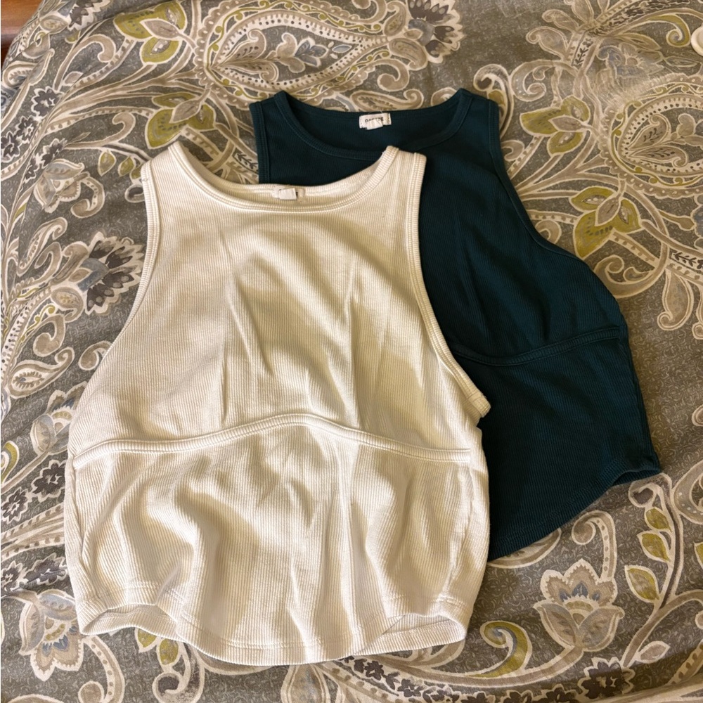 Garage White and Dark Green Ribbed Tank Tops - Lightly Worn
